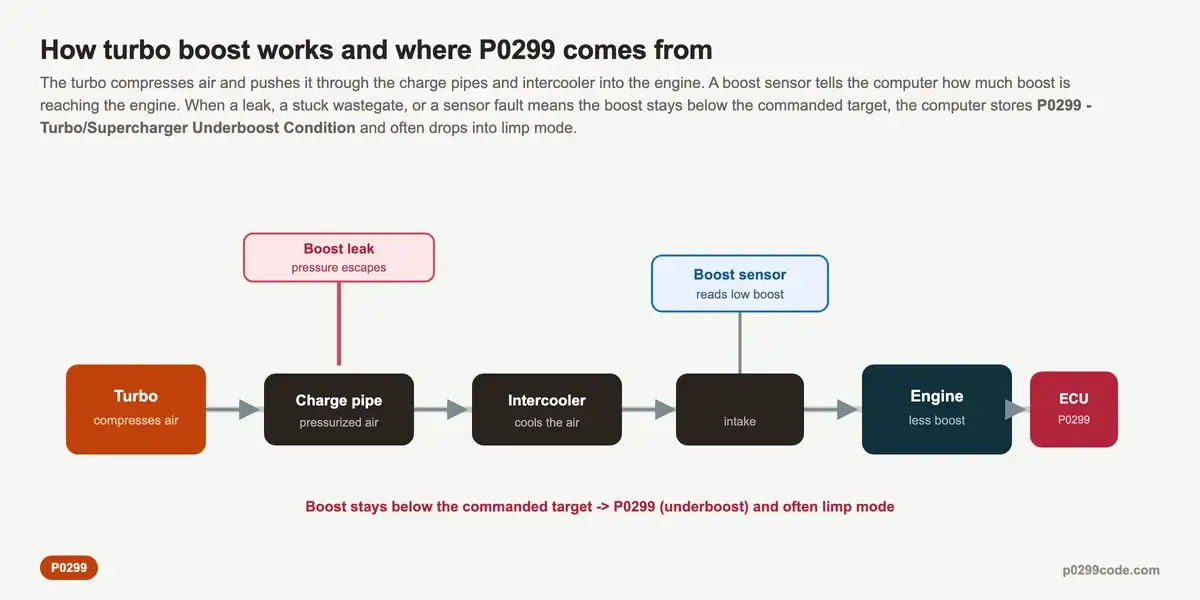 Diagram showing how a boost leak or fault keeps turbo boost below the commanded target and sets the P0299 code